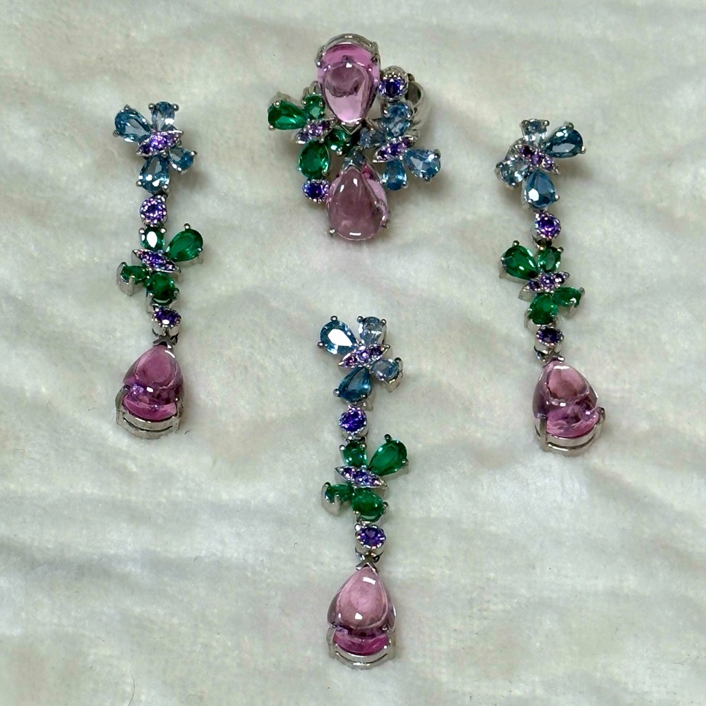 1 set of fancy jewelry with pink, blue, green stones in sterling silver setting